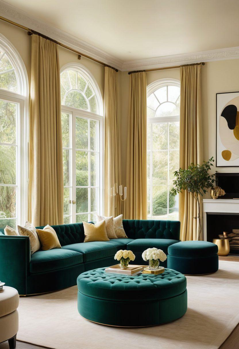 An elegant living room scene showcasing luxurious seating solutions, such as a plush velvet sofa, stylish armchairs, and a chic ottoman. The decor features soft, ambient lighting, sophisticated cushions, and a tastefully arranged coffee table with designer accessories. Large windows letting in natural light with a view of a lush garden outside. A subtle color palette with gold and cream tones enhances the sense of luxury. super-realistic. vibrant colors. chic interior design.