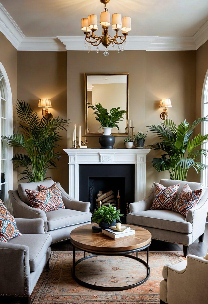 A beautifully designed living room featuring bespoke upholstered furniture, showcasing a luxurious yet affordable style. Include a plush sofa with intricate patterns, stylish armchairs, and elegant cushions scattered casually. Soft ambient lighting casts a warm glow, enhancing the inviting atmosphere. Add a touch of greenery with potted plants and a chic coffee table in the center. super-realistic. vibrant colors. cozy ambiance.